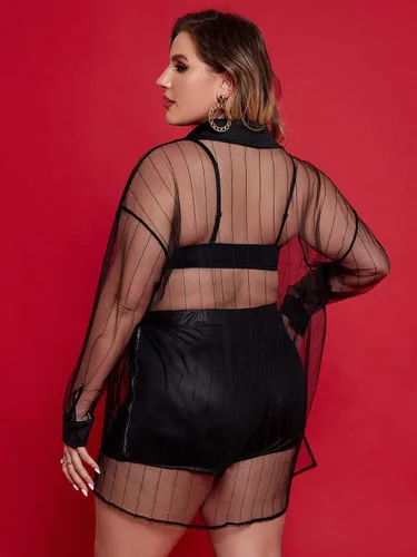 Miniatura 2 de MakeMeChic Blusa de manga larga con botones y malla transparente para mujer, talla grande