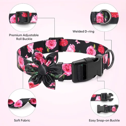 Miniatura 4 de Collar de perro floral para niñas en color rosa con moño de flores de rosa para gatos y perros hembras lindos - Tamaños de pequeño a grande