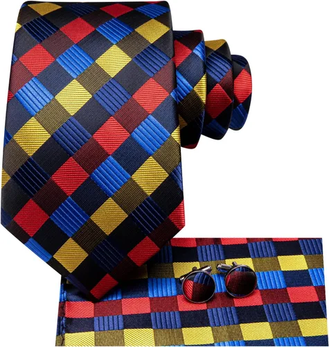Miniatura 56 de Hi-Tie Corbata clásica de cachemira para hombre con pañuelo y gemelos a cuadros