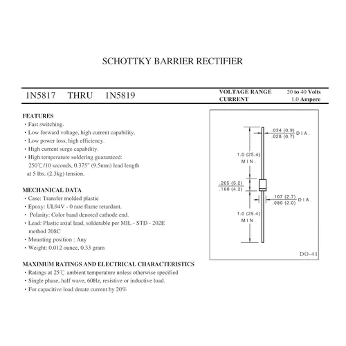 Miniatura 2 de 100 diodos rectificadores de barrera Schottky 1N5818 Schottky 1A 30V DO-41 (DO-204AL) axial 5818 1 Amp 30 voltios