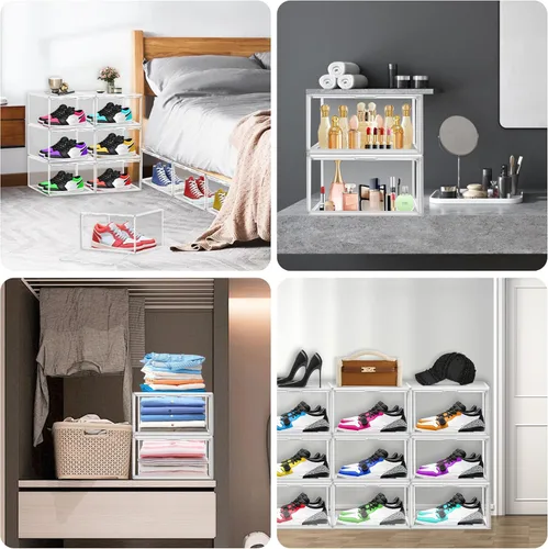 Miniatura 6 de Paquete de 14 cajas transparentes para zapatos, tamaño 12, organizador de almacenamiento de zapatos para armario, apilable, estante de zapatos