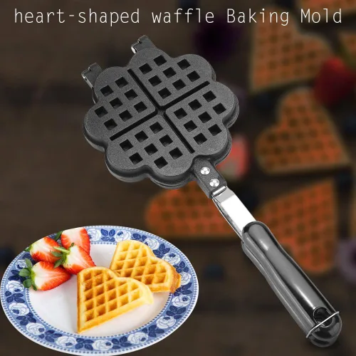 Miniatura 3 de HERCHR Molde para hacer gofres, de hierro fundido en forma de corazón, para panqueques, antiadherente, doble cara, molde para gofres con mango largo