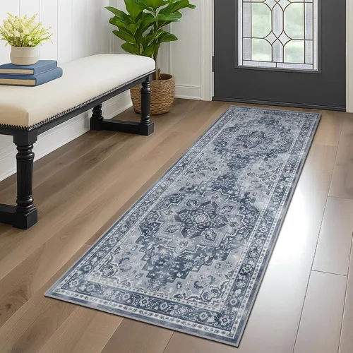 Miniatura 10 de Alfombra de pasillo profundo azul 2x8, alfombra de pasillo lavable antideslizante para entrada interior, alfombra de medallón vintage de 0.27