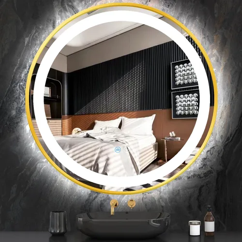 Miniatura 11 de Espejo de tocador redondo dorado con luces, luz frontal regulable de 3 colores, marco dorado de 16 pulgadas, espejo redondo iluminado para baño