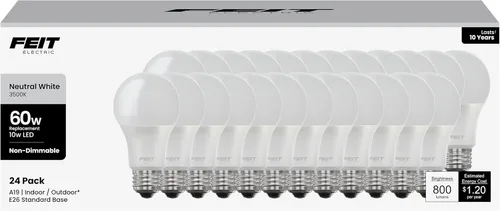 Miniatura 10 de Feit Electric Bombilla LED A19, equivalente a 60 W, base media E26, 800 lúmenes, blanco neutro 3500 K, bombilla estándar no regulable, vida útil