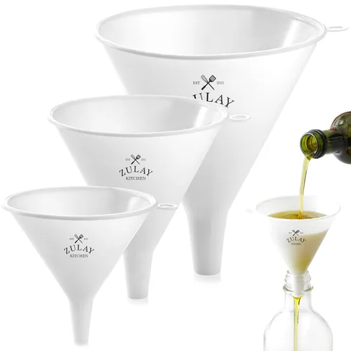 Zulay Kitchen Juego de 3 Embudos de Plástico – Embudos de Cocina Grandes, Medianos y Pequeños con Pico Vertedor – para Llenar Botellas de Agua,