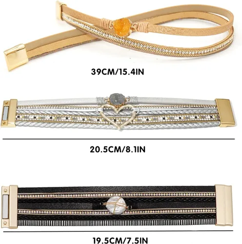 Miniatura 5 de Wowanoo - Juego de 3 pulseras de cuero multicapa con cuentas de cristal, cierre magnético para mujer