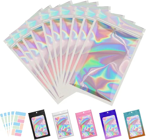 Miniatura 10 de Paquete de 100 bolsas de Mylar con ventana transparente, holográficas, a prueba de olores, para pequeñas empresas, bolsas resellables