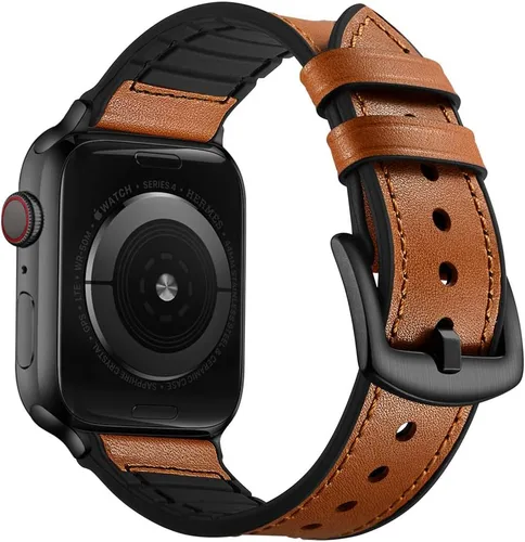 Miniatura 16 de OUHENG Correas de cuero compatibles con Apple Watch de 42mm 41mm 40mm 38mm, correa híbrida de cuero genuino y goma para iWatch Series 11 10 9 8 7 6