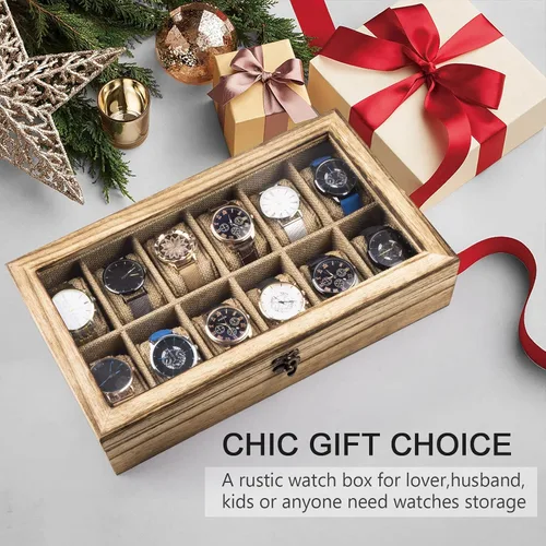 Miniatura 7 de SRIWATANA Caja de reloj, organizador de caja de reloj para hombres y mujeres, regalo del día del padre, 12 ranuras para reloj con tapa de cristal