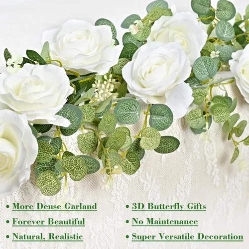 Miniatura 2 de Yastouay - 2 piezas de guirnalda de flores blancas de 13.1 pies con mariposas, eucalipto artificial con flores, vid de rosa falsa para centro