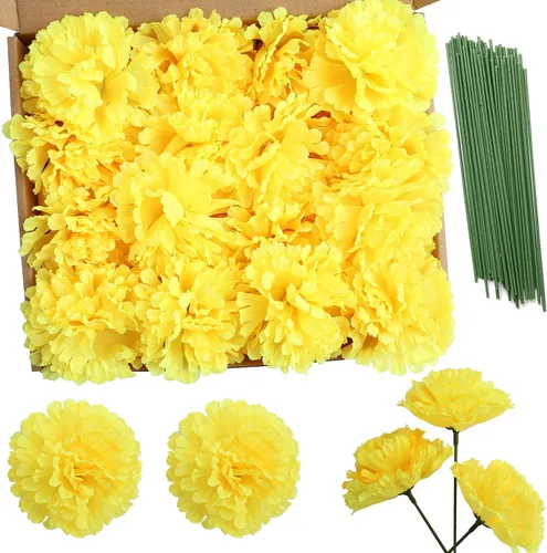 Miniatura 6 de Paquete de 50 palillos de clavel de seda artificial, cabezas de clavel de flores artificiales con tallos para bricolaje, ramos de boda, centros