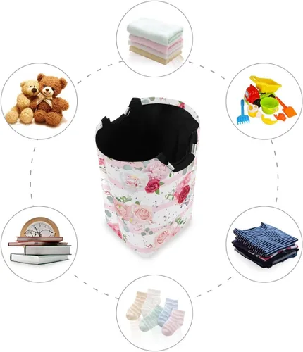 Miniatura 4 de Cesta de lavandería con diseño de rosas rosas, portátil, plegable, organizador de ropa con asas, bolsa de almacenamiento para habitación de niños