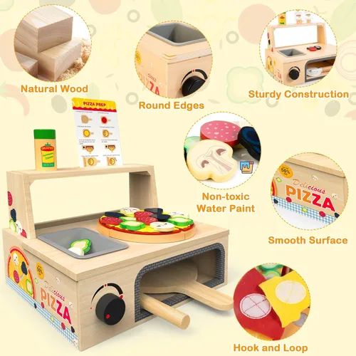 Miniatura 4 de WOODMAM Juguete de pizza de madera – 48 piezas Montessori pretender Play Food para mayores de 3 años, juguete educativo de aprendizaje de madera