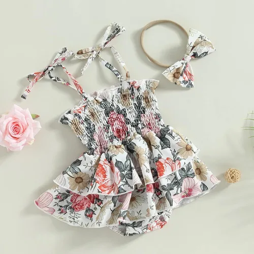 Miniatura 32 de Mameluco para bebés y niñas de 3, 6, 9, 12, 18 meses, enterizo de manga corta, fruncido, faldas y dobladillo, diadema