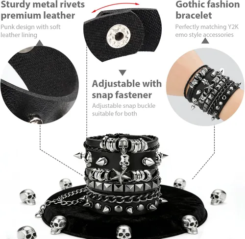 Miniatura 3 de Juego de 4 pulseras góticas para hombres y mujeres, pulseras de cuero con tachuelas punk rock, traje rockero de los años 80 para hombres y mujeres
