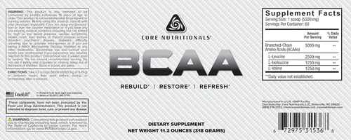 Miniatura 2 de Core Nutritionals BCAA, aumenta la síntesis de proteínas del músculo esquelético, 0.18 oz, 60 porciones
