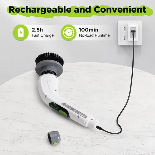 Miniatura 7 de WORKPRO Limpiador eléctrico giratorio, cepillo de limpieza inalámbrico, 3 velocidades, mango largo ajustable y 8 cabezales de cepillo reemplazables