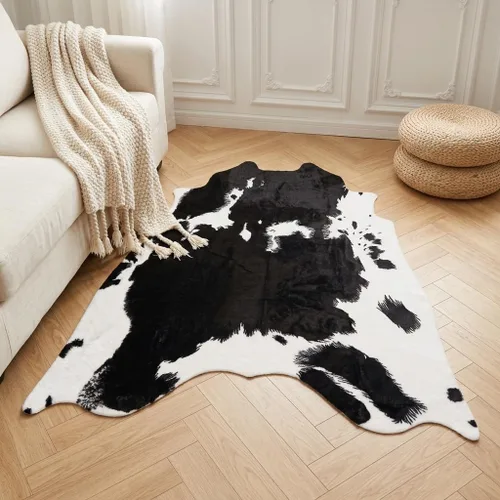 Miniatura 3 de Alfombra de área con estampado de vaca, alfombra de piel de vaca sintética, moderna casa de campo occidental para sala de estar o dormitorio