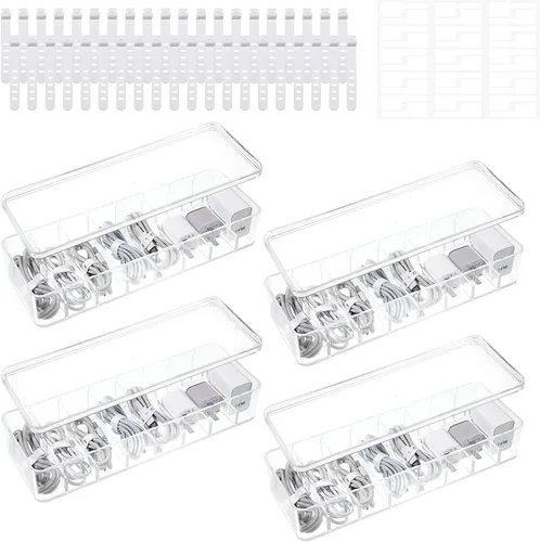 Organizador de almacenamiento de cables de plástico transparente con 40 bridas de silicona, caja organizadora de cables con tapa para organización