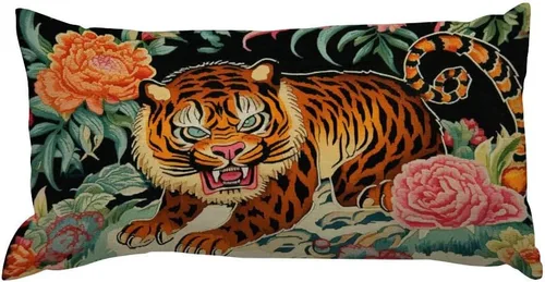 Miniatura 31 de Chinoiserie Throw Pillow Case Red Peony Floral Lumbar Pillowcases Asian Style Decorative Pillow Home Cotton Linen 12x18 Rustic Cushion Cover for
