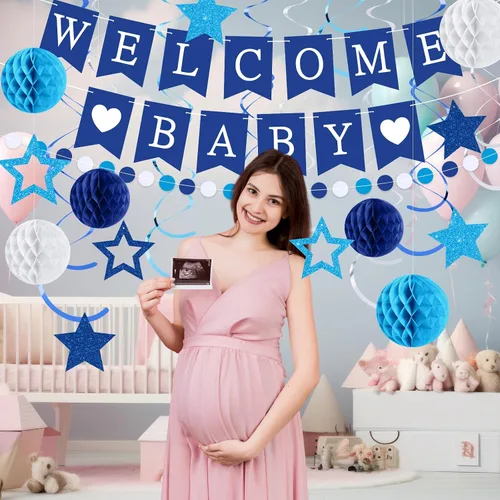 Miniatura 6 de WinnerWhy 25 piezas de decoración de baby shower para niño, pancarta azul de bienvenida para bebé con estrellas con purpurina, remolinos colgantes