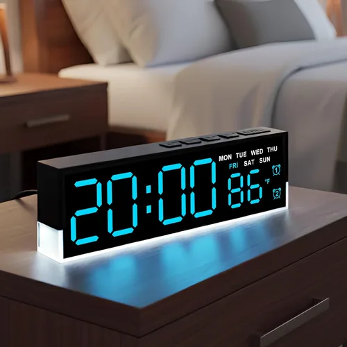 JENLYSTIME Reloj despertador digital LED de 7 pulgadas con alarmas duales y luz inferior ｜ Muestra hora, fecha, día, temperatura ｜ Brillo