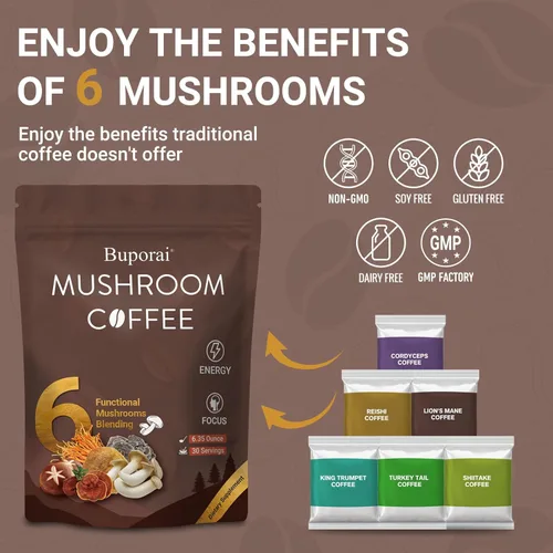Miniatura 6 de Café de hongos, café instantáneo de hongos con 6 hongos melena de león, cordyceps, cola de pavo y otros para energía, concentración, digestión
