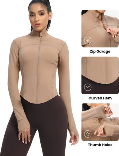 Miniatura 82 de AVGO Chaquetas de entrenamiento recortadas para mujer, con cremallera, ajustadas, atléticas, con agujeros para el pulgar