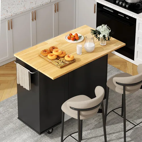 Shintenchi Isla de cocina con hoja plegable, mesa de isla enrollable con almacenamiento, armario de cocina con ruedas con área de asiento para Negro