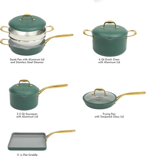 Miniatura 3 de Frok Juego de 10 ollas y sartenes de 4 mm de espesor de aluminio de calentamiento rápido con interior antiadherente de cerámica libre de PFA y verde
