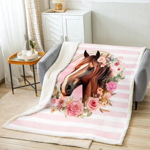 Manfei Manta floral con diseño de caballo y acuarela, para decoración de habitación de niños y niñas, manta con estampado de rayas rosas para sofá,