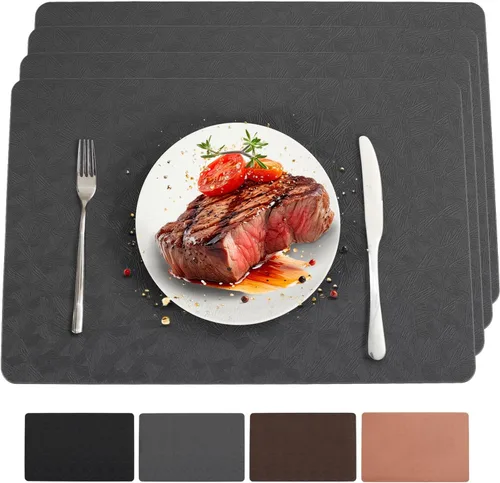 Miniatura 25 de Juego de 6 manteles individuales de vinilo, resistentes al calor, fáciles de limpiar, antideslizantes, para mesa de comedor, piel sintética, Negro