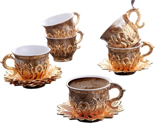 Juego de 6 tazas de café expreso turco otomano con platillos y soportes, diseño de mármol marrón, porcelana árabe, griega, mini taza de café griega,