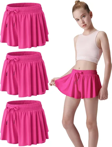 Miniatura 117 de Paquete de 3 pantalones cortos fluidos para niñas con forro de elastano, 2 en 1, faldas de mariposa para jóvenes, para fitness, correr, deportes