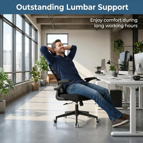 Miniatura 7 de Silla de oficina con soporte lumbar ajustable y reposabrazos abatibles, silla ergonómica de escritorio de computadora con respaldo alto con cojín