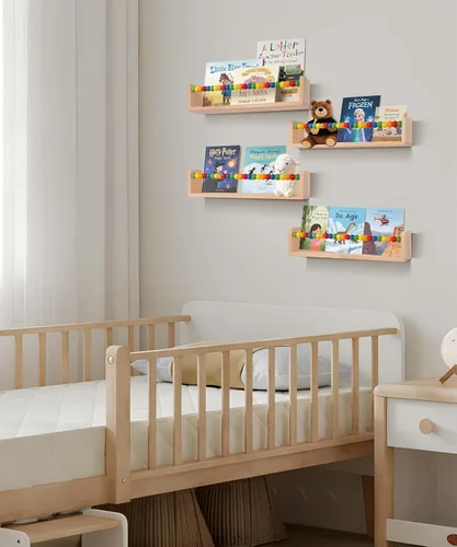 Miniatura 7 de Juego de 4 estantes flotantes para libros de guardería, estantes flotantes para pared de estantería, estantería para niños (cuentas de cinco colores)