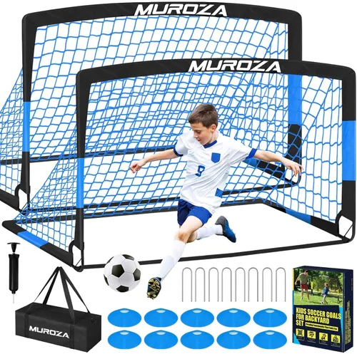Portería de fútbol, juego de porterías de fútbol para niños para patio trasero, paquete de 2 redes de fútbol portátiles desplegables con pelota de