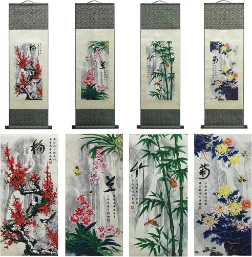 Miniatura 26 de AtfArt Decoración asiática de pared, hermosa pintura de pergamino de seda, 4 flores de hombre justo, orquídea ciruela, bambú, crisantemo, decoración