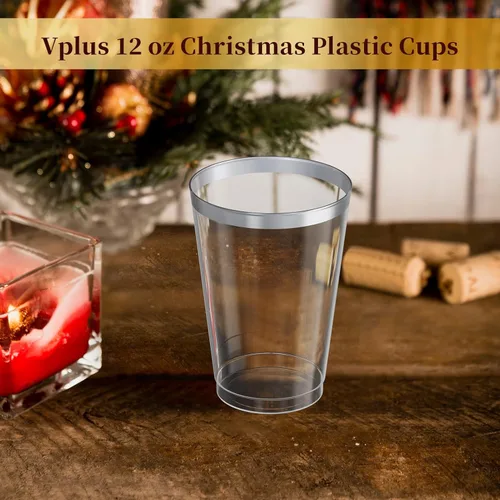 Miniatura 8 de Vplus Paquete de 150 vasos de plástico transparente reutilizables con borde plateado de 12 onzas, vasos desechables de plástico resistentes