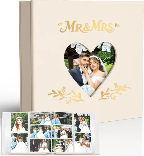 Wedding Photo Album 4x6 with 400 Pockets, Custom Engraved Beige Leather Memory Book for Engagement, Bridal Shower & Keepsake Gift, Beige Leather