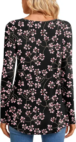 Miniatura 4 de CATHY Blusa tipo túnica de manga larga para mujer, cuello en V, con botones, informal, plisada, básica