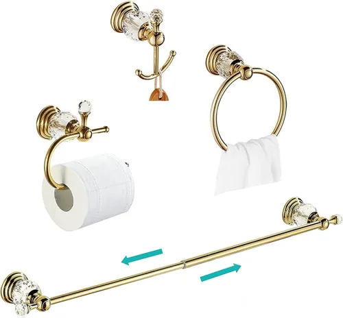 WOLIBEER Accesorios de baño dorados, juego de barra de toalla de cristal de latón, soporte de papel higiénico, toalla, anillo, ganchos para bata, 4