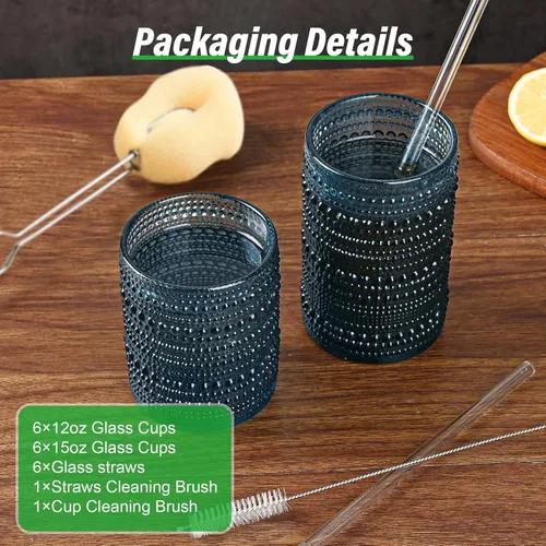 Miniatura 3 de ZMOWIPDL Juego de Cristalería Vintage de 12 Vasos para Beber, Azul 12oz y 15oz Vasos de Vidrio Hobnail, Vaso de Agua en Relieve, para Cerveza