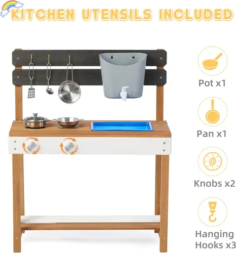 Miniatura 6 de Cocina de madera para niños, cocina de barro al aire libre con juego de agua y juguetes de cocina, juego en el patio trasero para niños de más de 3