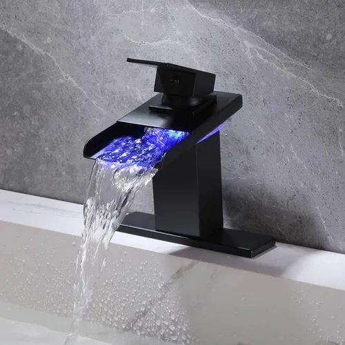 Miniatura 7 de Grifo LED para Lavabo de Baño - Negro Mate de Un Solo Agujero o Centerset de 4 Pulgadas Grifo de Cascada con Boquilla de Acero Inoxidable y Luces