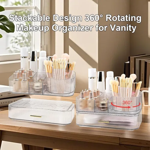 Miniatura 3 de DASITON Organizador de Maquillaje con Cajones y Soporte Giratorio para Brochas de Maquillaje, Organizador de Cosméticos Apilable de Gran Capacidad