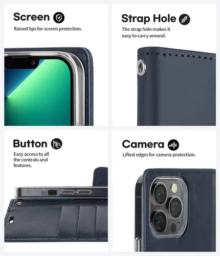 Miniatura 5 de GOOSPERY Bluemoon - Cartera compatible con iPhone 13 Pro, piel sintética de alta calidad, función de pie, soporte para tarjetas (azul marino)