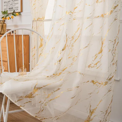 Miniatura 9 de Cortinas Transparentes Beige con Estampado de Lámina de Mármol Dorado de 63 Pulgadas de Largo para Cuarto de Bebé, Paneles de Ventana con Bolsillo