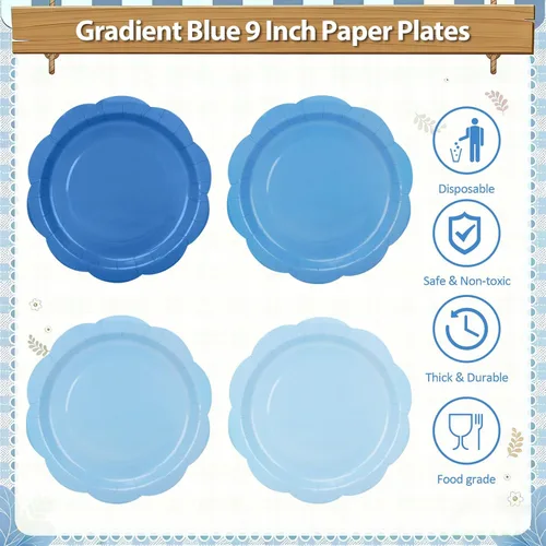 Miniatura 3 de 192 platos y servilletas de papel azul, platos de fiesta azul claro de 9 pulgadas, desechables, color azul degradado, suministros de fiesta
